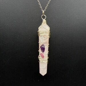 Rose Quartz Long Crystal Pendant Sterling SIlver Toggle Clasp Chain 18" READ